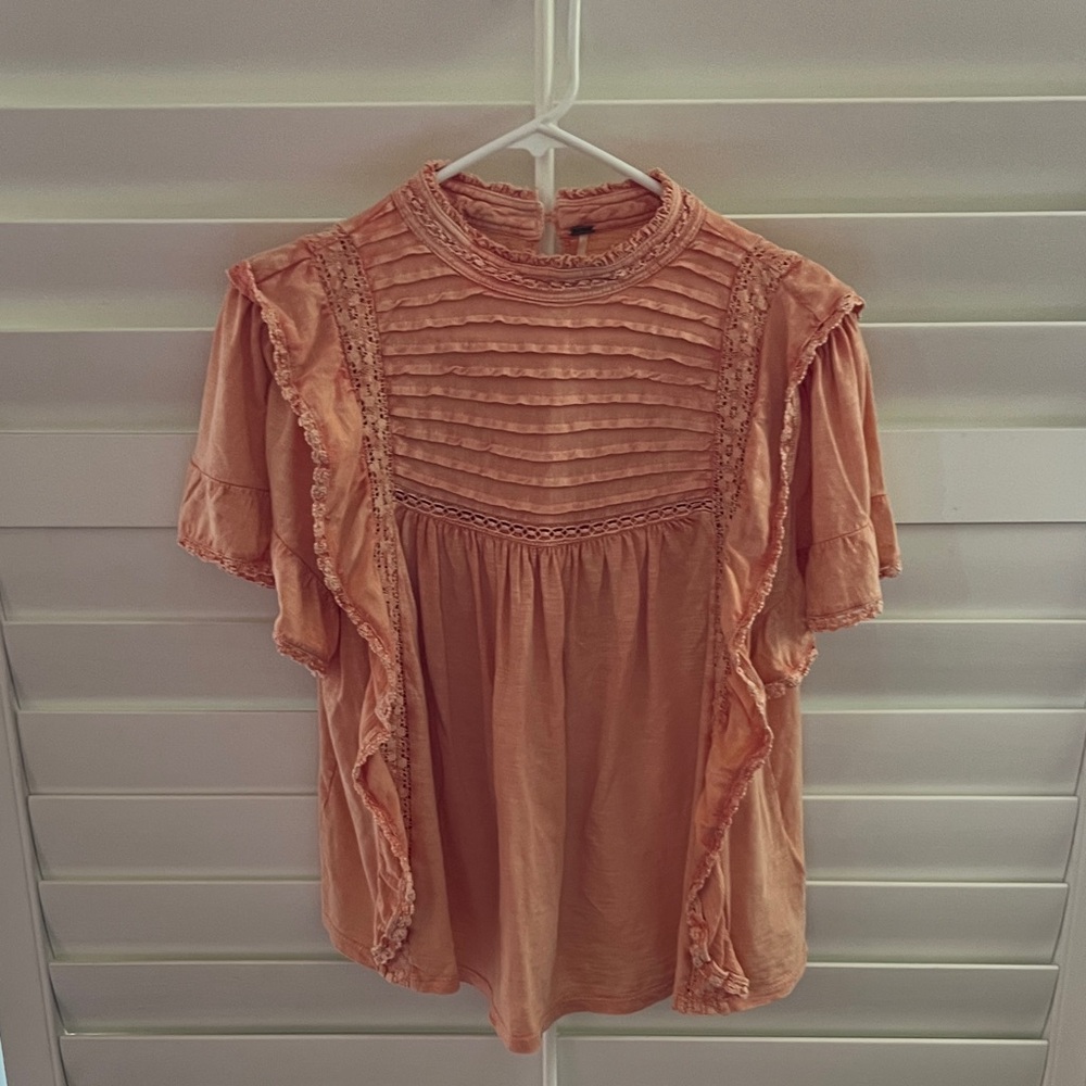 Free People Peach Pintuck Ruffle Blouse